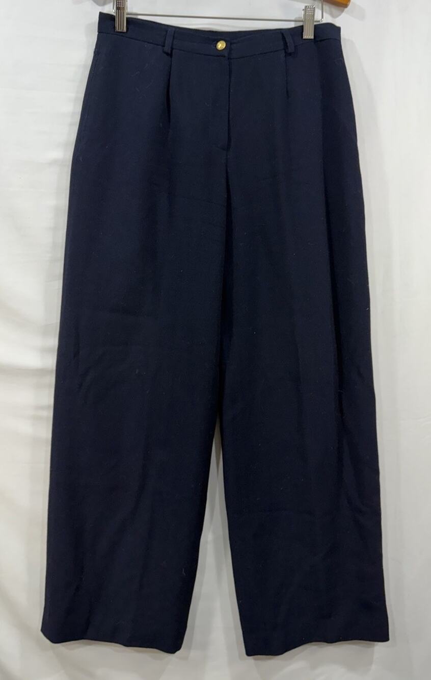 Ralph Lauren Women's Navy Wool Wide Leg Pants Size 10 Trousers Lined Classic